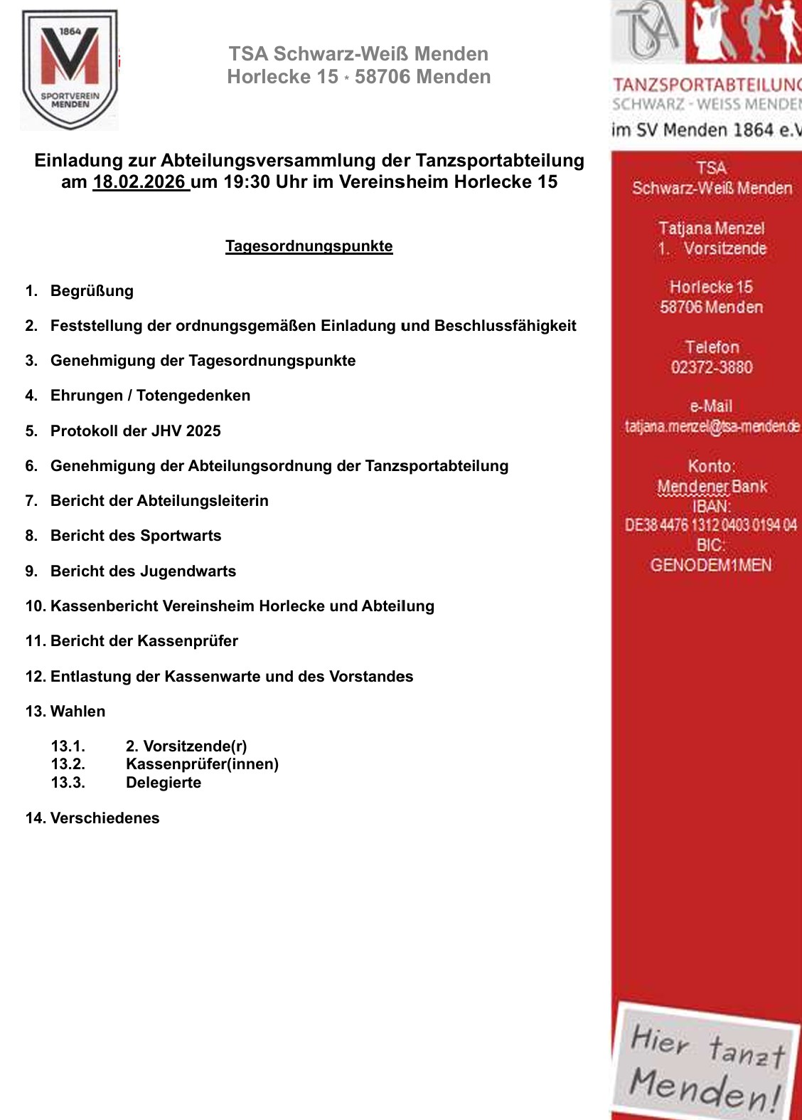 Einladung zur Abteilungsversammlung der Tanzsportabteilung am 18. Februar 2026 